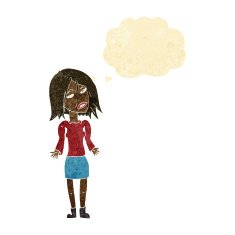 cartoon woman shrugging shoulders with thought bubble N94