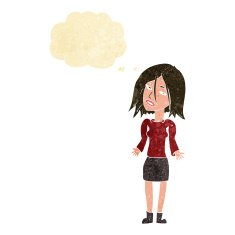 cartoon woman shrugging shoulders with thought bubble N95