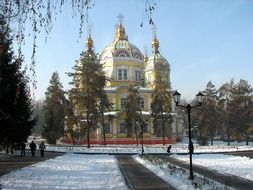 wooden ascension cathedral at winter, kazakhstan, almaty