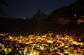 panoramic view of the village zermatt in the mountains at night