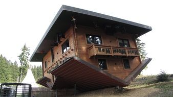 the house is upside down and is standing on the roof