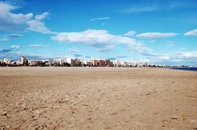 sand beach and distant city at sea, spain, sagunto