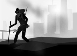 Illustration with the silhouette of survivor at city background