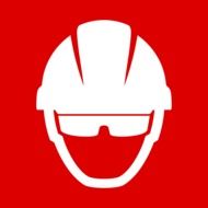 red sign with the image of a worker in a helmet