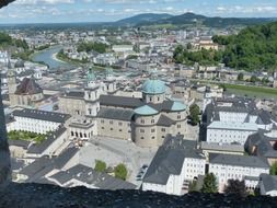 top view of old city on both banks of salzach river, austria, salzburg