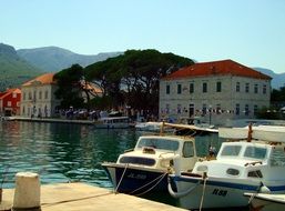 moored boats at pier in view of scenic old town on riverside