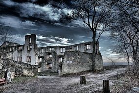 ruined castle masonry building dark sky scene