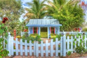 Tropical green garden house blue fence in front