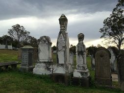 old gravestones on cemetery at dusk