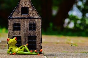 ceramic figurine in the form of a frog lying near the house