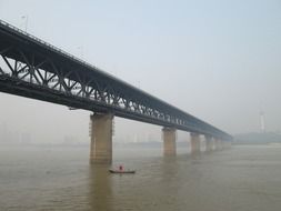 Long bridge over misty Yangtze River