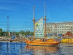 Sailing ship on the background of the waterfront in Oulu