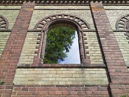 brick wall of an old house with the windows