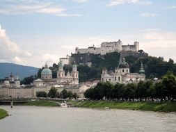 distant view of the old city by the river in Salzburg