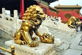 Gilded Lion sculpture at palace, china, Beijing, Forbidden City