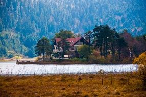 picturesque landscape of a house on the lake against a green forest