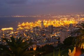 Top view of a night city on the coast