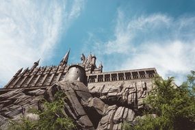 Magnificent middle ages castle on rock sky view