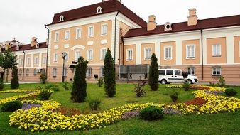 flower bed in front of a building in kazan, russia