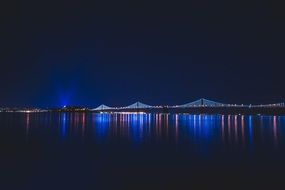 reflection of night lights of bridge on the water