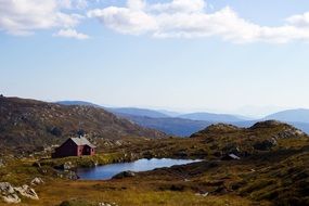 distant view of a hut near a mountain lake