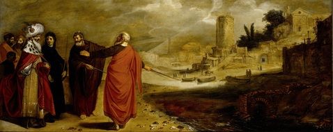 people and architecture on canvas
