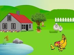 cartoon farm with building, pond and animals on lawn