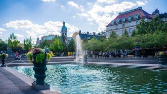 fountain in the lake in the park