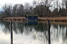 landscape of boat house in the fall