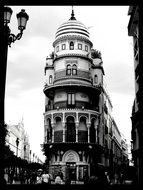 Black and white photo of Spanish ancient landmark