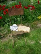 cup with coffee and an open book on a chair in the garden