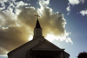 church with a bell at sunset