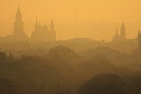 panoramic city view in fog in poland