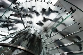 people on spiral staircase, black and white