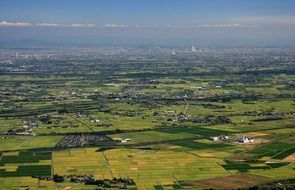 aerial view of green fields and the city of Nagoya