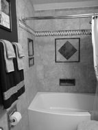 black and white photo of the bathroom