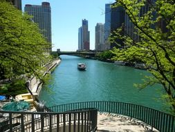 panorama of skyscrapers on the river bank in Chicago