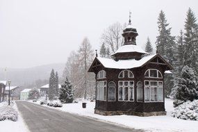 wooden cabin at road, winter landscape, czech