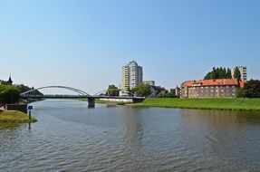 bridge across Oder river in front of city, poland, opole