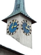 Tower clock on a snowbound church roof