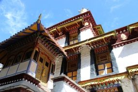 ornate aged norbulingka palace, detail, china, tibet, lhasa