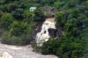 waterfalls mountains trees greenery