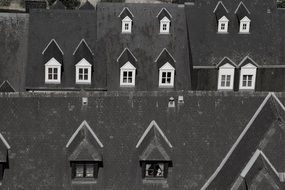 gray houses with white windows on the roof