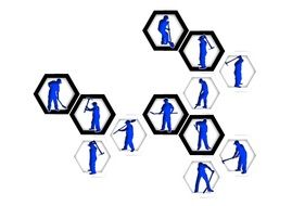 drawing of polyhedrons with symbols of working people