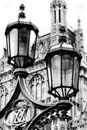 vintage street lanterns at historical facade, detail, uk, england, london