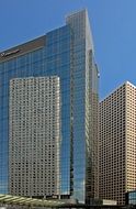 The glass facade of a skyscraper in Hong Kong