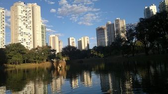 city skyscrapers on the lake