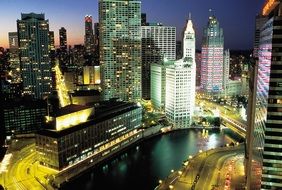 downtown of Chicago in the evening
