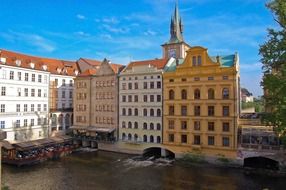 panorama of buildings on the canal in Prague