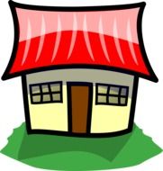 cartoon yellow house with red roof, icon